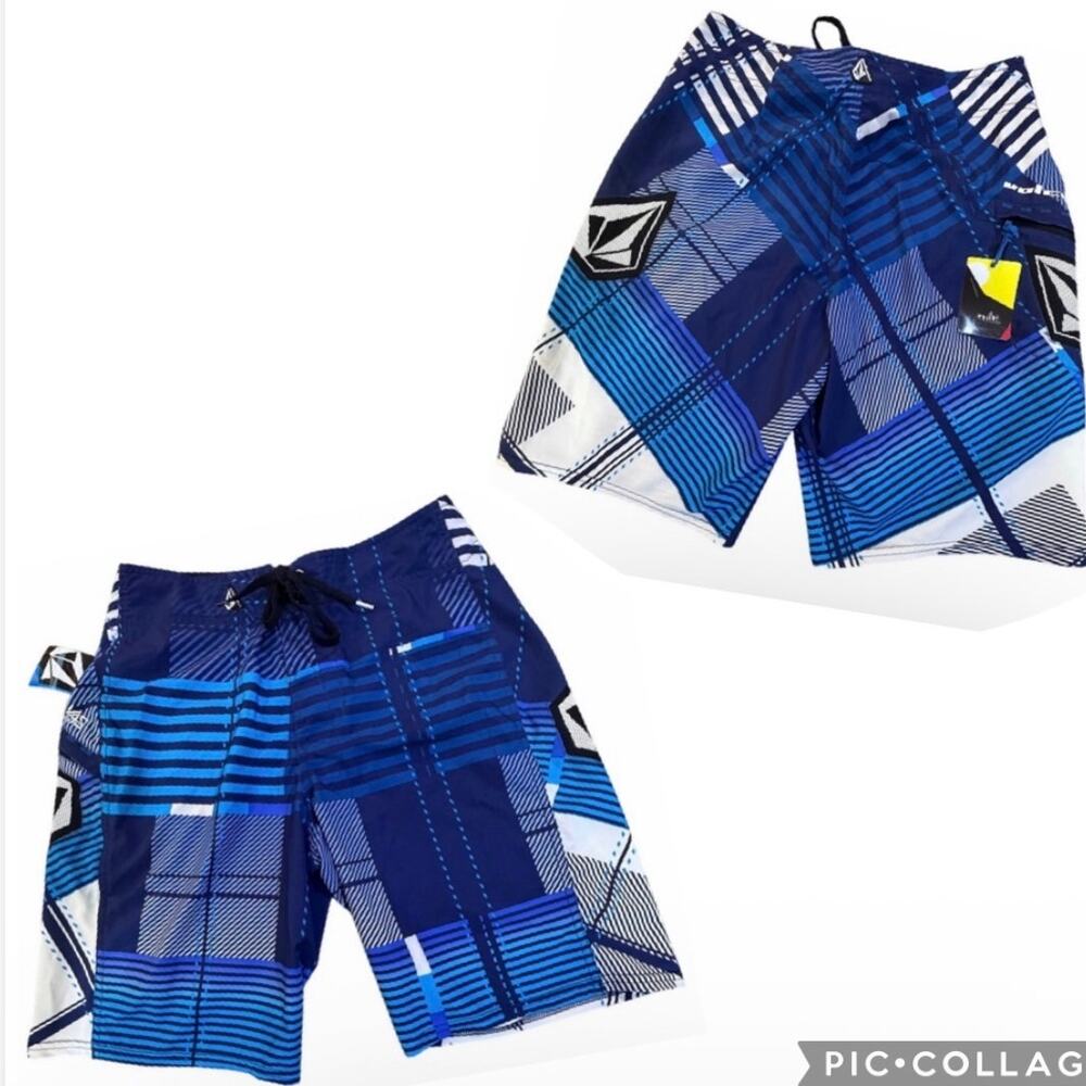 Volcom Mens Swim Board Shorts Size 30 Black Blue 4-Way Stretch Surf Trunks NWT